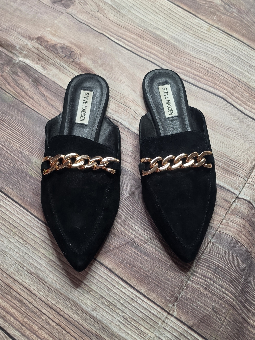 Steve Madden Almah Black Pointed Faux Suede Gold Chain Slip On Mule